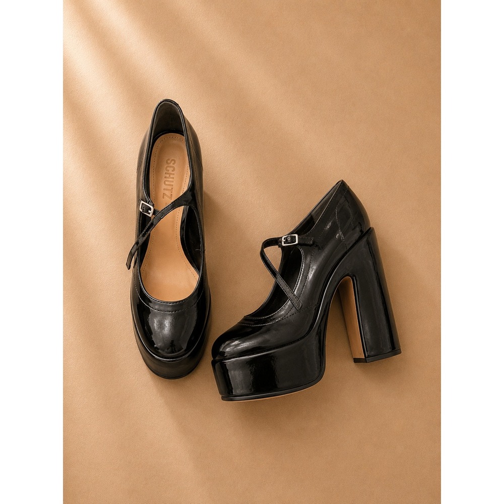 Schutz Womens Heels 9.5B Black Zayne Patent Leather Chunky Platform Mary Jane